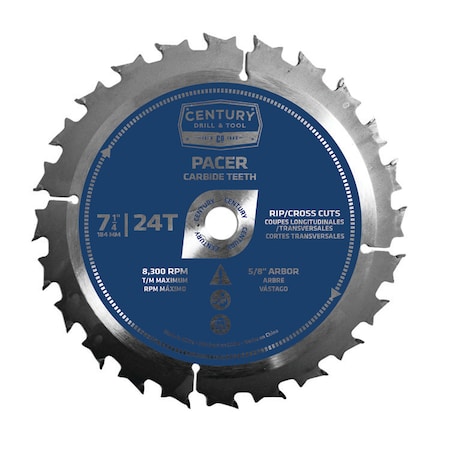 CENTURY DRILL & TOOL Circular Saw Blade 7-1/4 24T 5/8" Arbor Pacer Economy Carbide Combo 9303